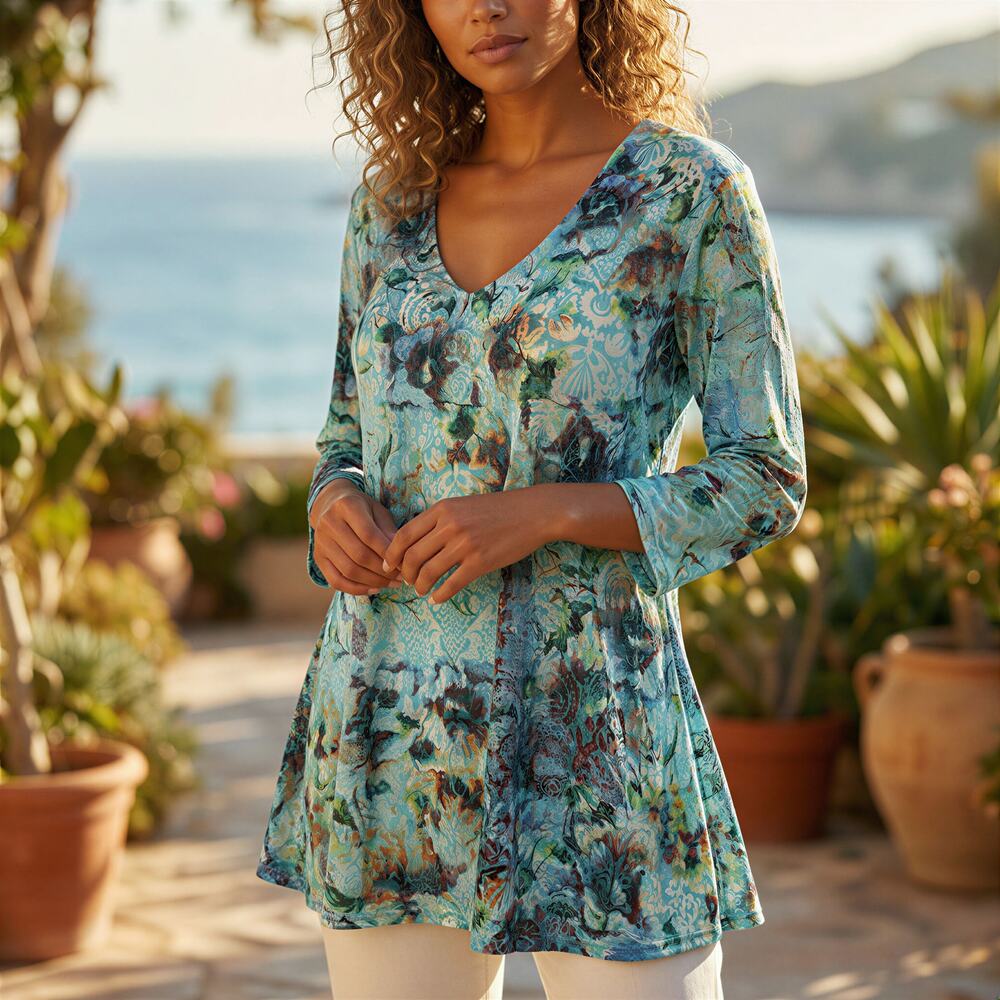 Tianello Paisley Floral V-Neck Tunic Top Womens XL Sheer Burnout Boho Cottage